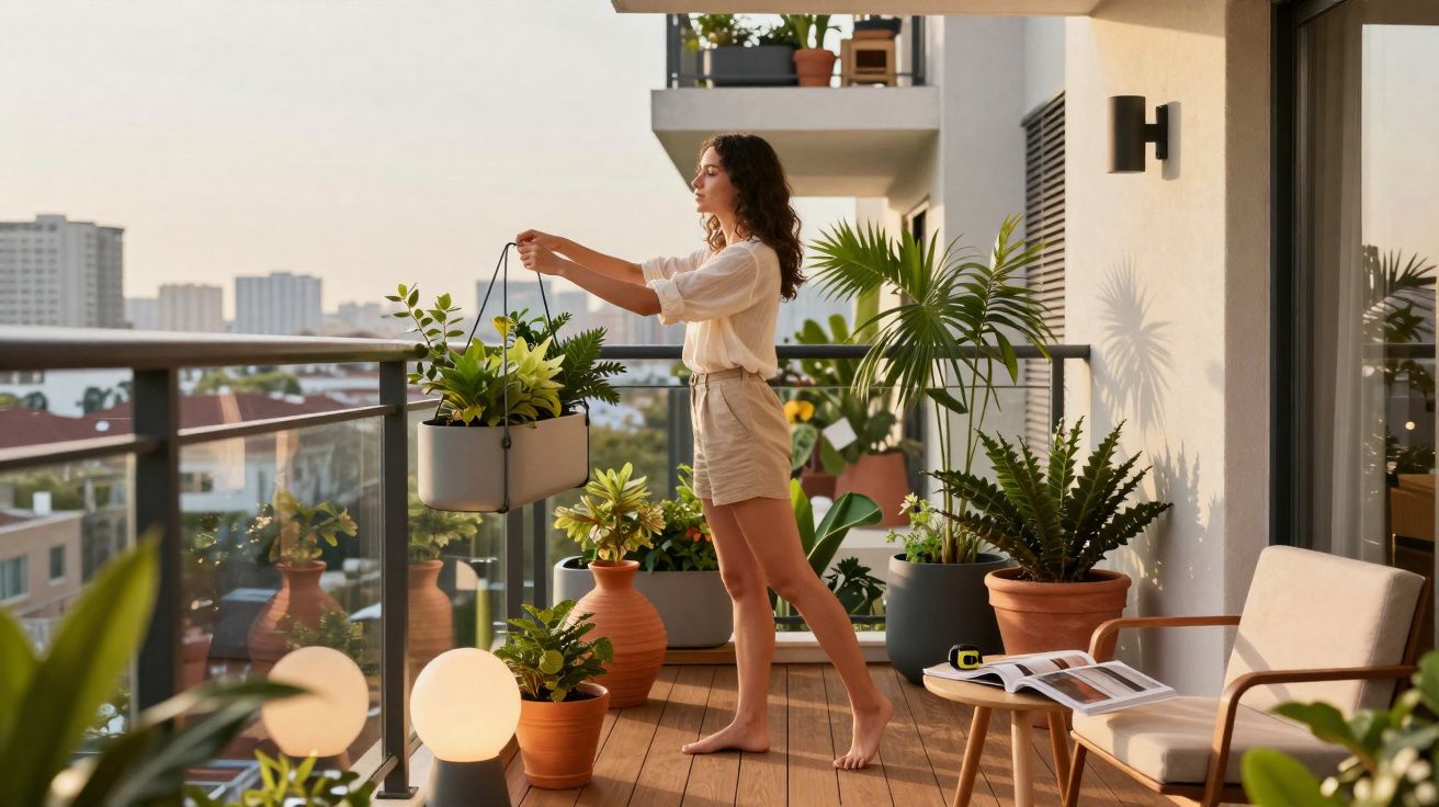 Mulher regando plantas em varanda ensolarada com móveis rústicos e vista para a cidade.
