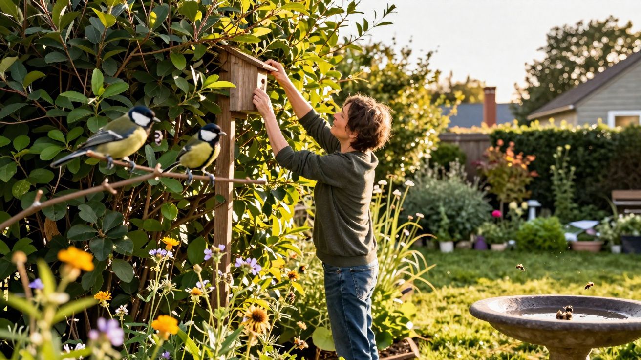Criança instalando uma casinha de passarinho em jardim com flores, aves e ambiente ensolarado.