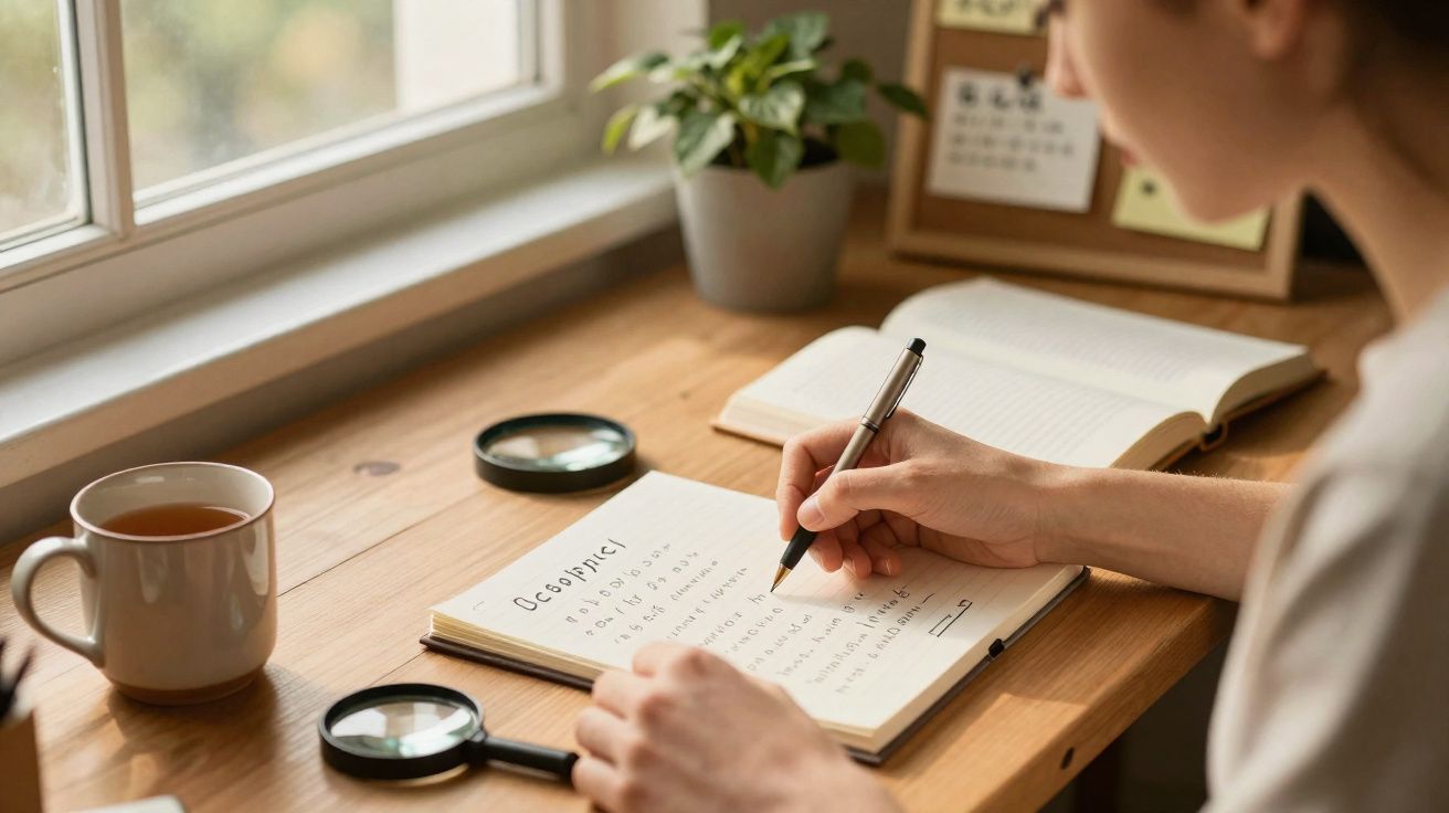 Pessoa escrevendo no caderno em mesa de madeira com lupa, xícara de chá, planta e livro aberto próxima à janela.