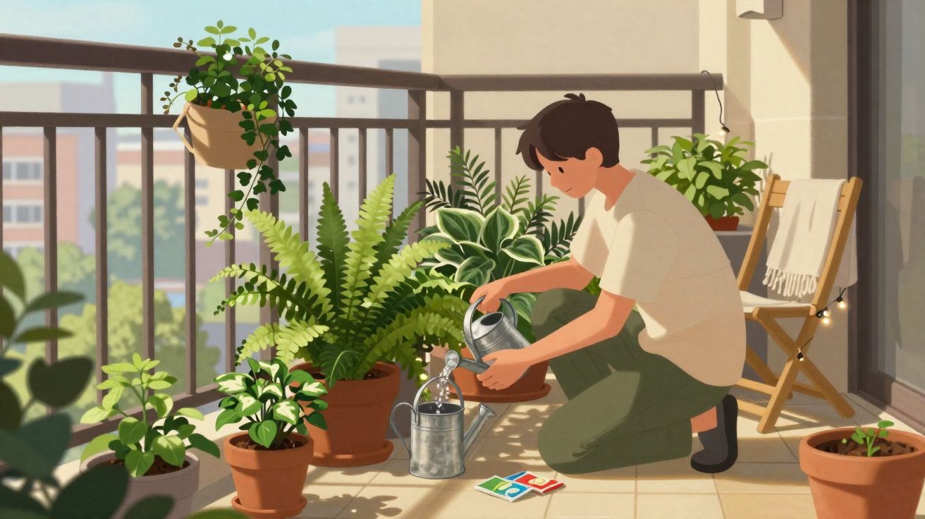 Jovem regando plantas em um vaso no terraço com varanda e cadeira de madeira ao fundo.