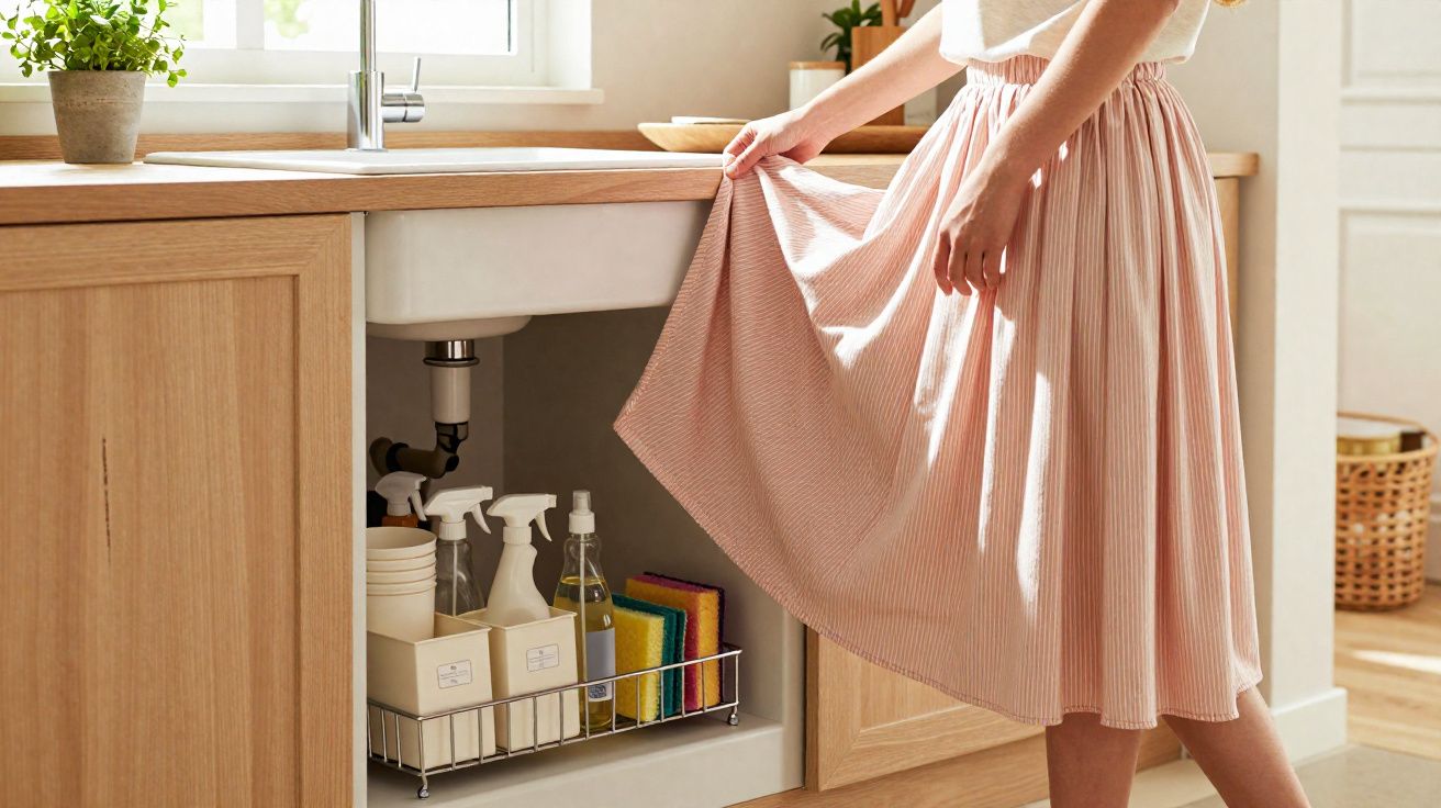 Pessoa vestindo saia rosa mostrando organizador com produtos de limpeza no armário da pia da cozinha.