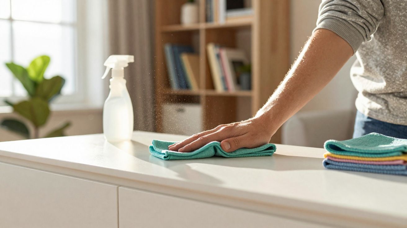 Pessoa limpando superfície branca com pano azul em ambiente iluminado e organizado.