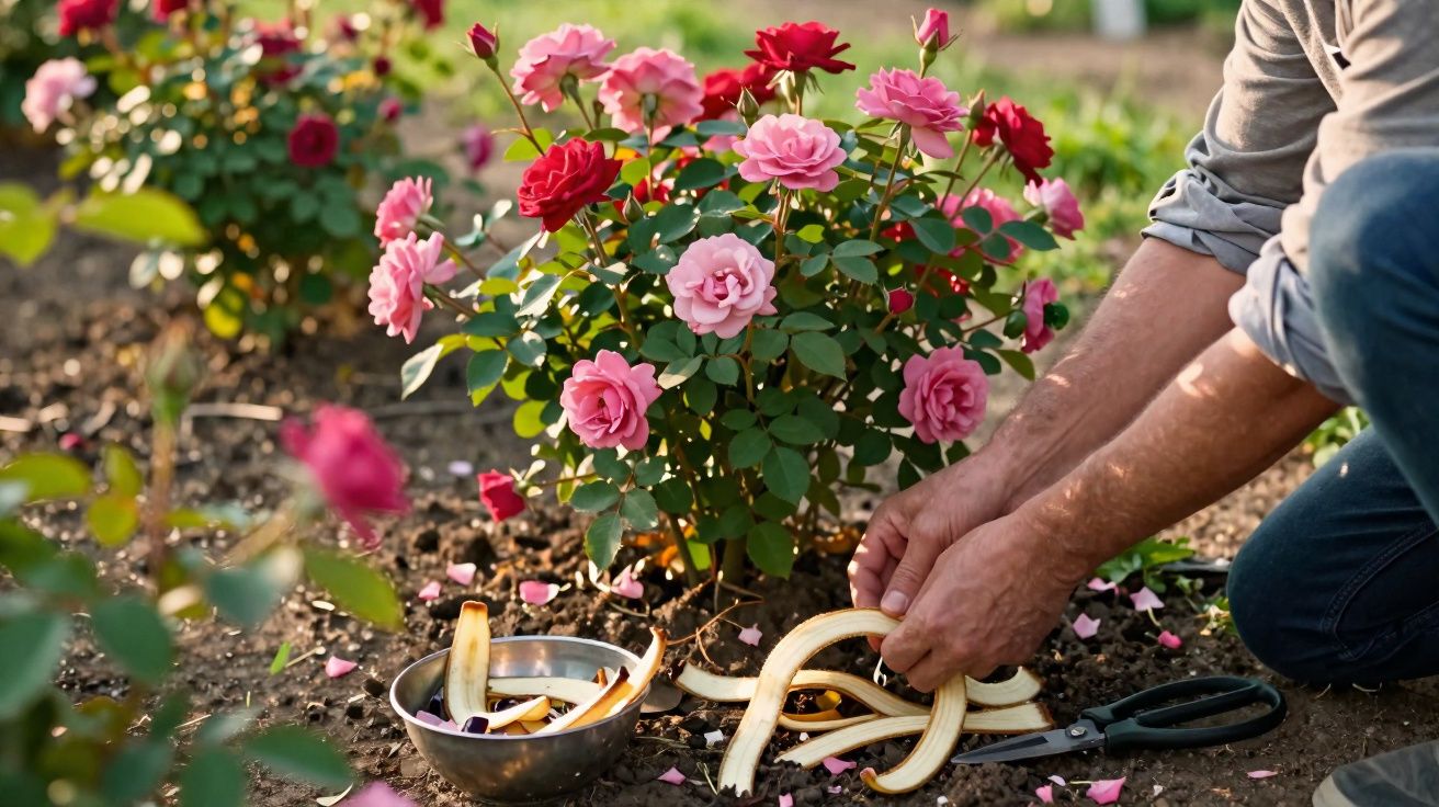 Pessoa podando rosas vermelhas e rosas em jardim ensolarado, com tesoura e tigela de podas no chão.