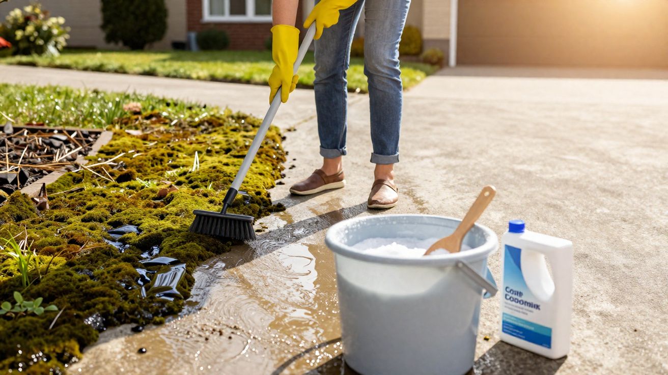 Pessoa varrendo musgo em calçada molhada com balde, escova e detergente ao lado em área externa.