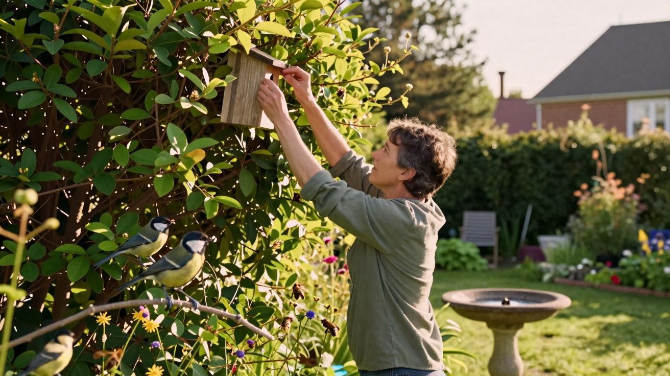 Pessoa instalando uma casinha de passarinho em uma árvore em jardim com flores e dois pássaros próximos.