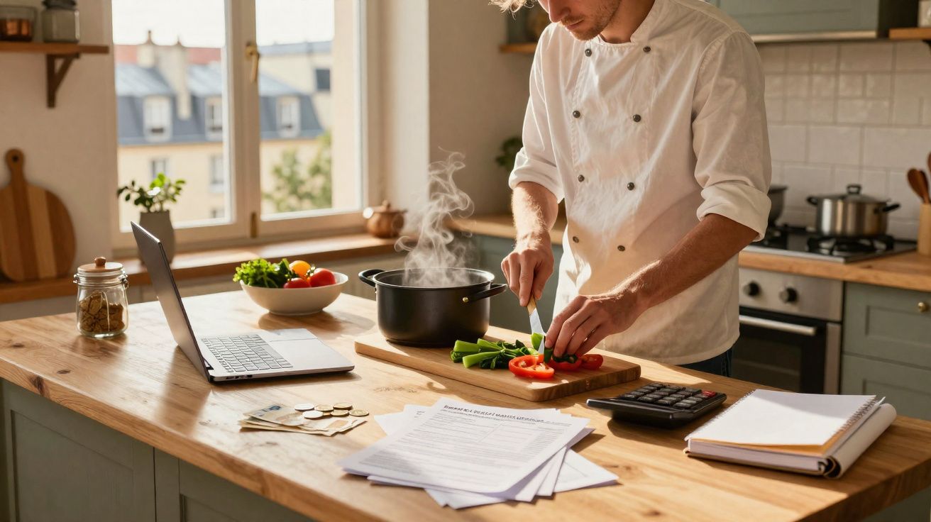 Homem cortando legumes em cozinha com panela, laptop e documentos sobre bancada de madeira.