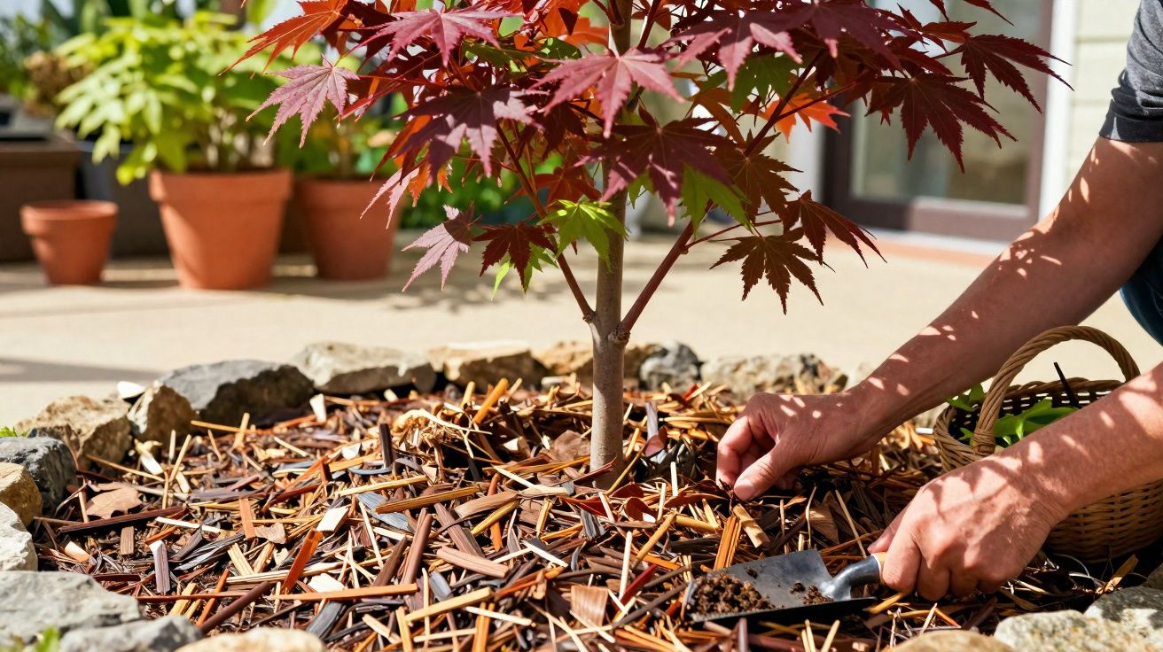 Pessoa cuidando do solo com pá ao redor de árvore jovem em jardim com plantações em vasos ao fundo.