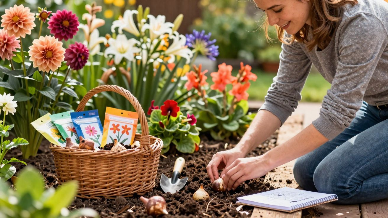 Mulher plantando bulbos em jardim com flores coloridas e cesta com pacotes de sementes.