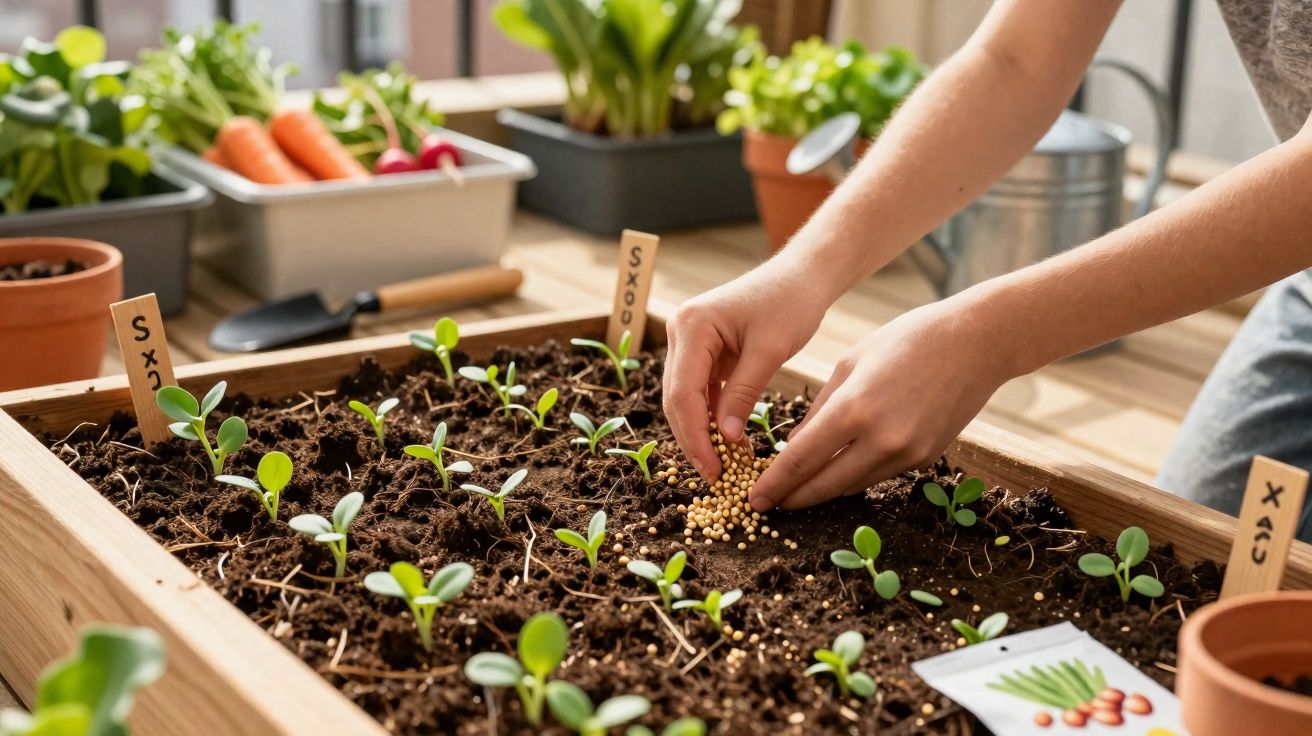 Mãos plantando sementes em hortaliças jovens em canteiro de madeira com vegetais e ferramentas ao fundo.