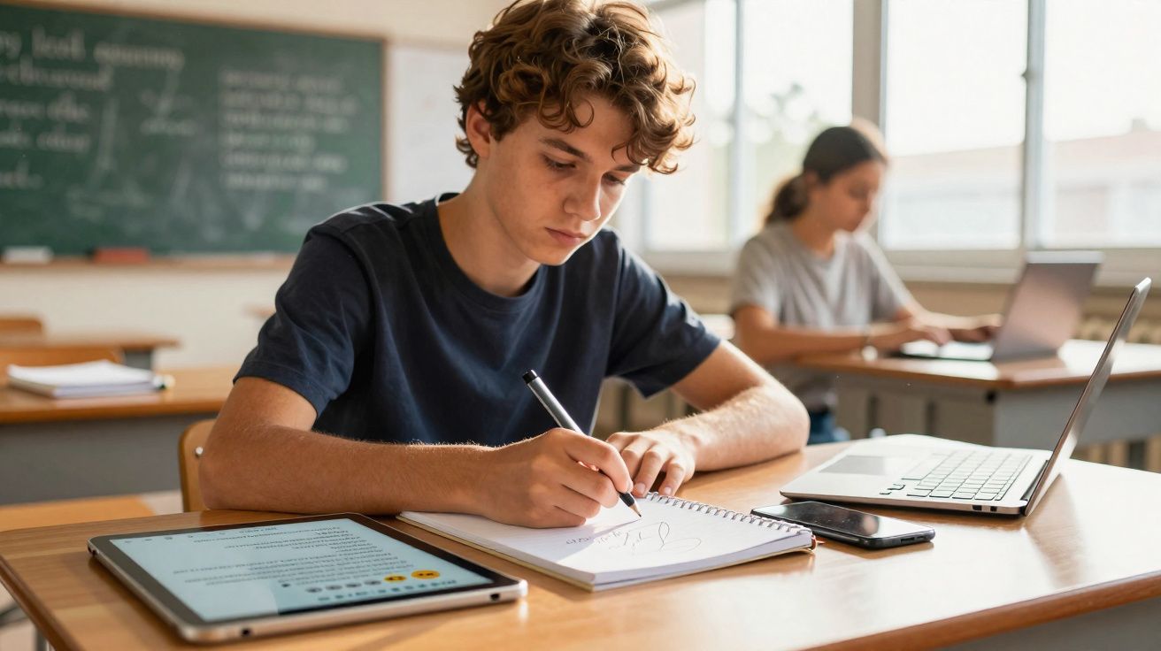 Estudante concentrado escrevendo em caderno com tablet, celular e laptop na mesa em sala de aula.
