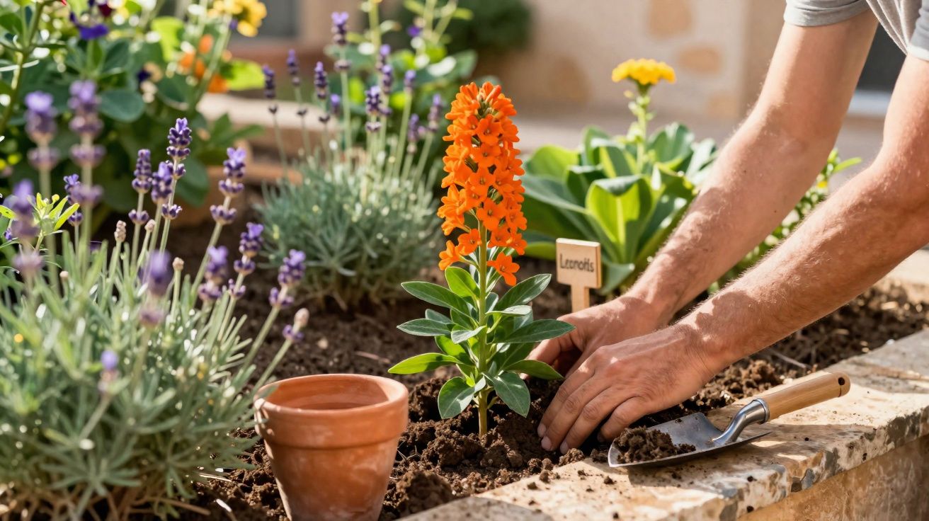 Pessoa plantando flor alaranjada em canteiro com vasos e outras flores ao redor.
