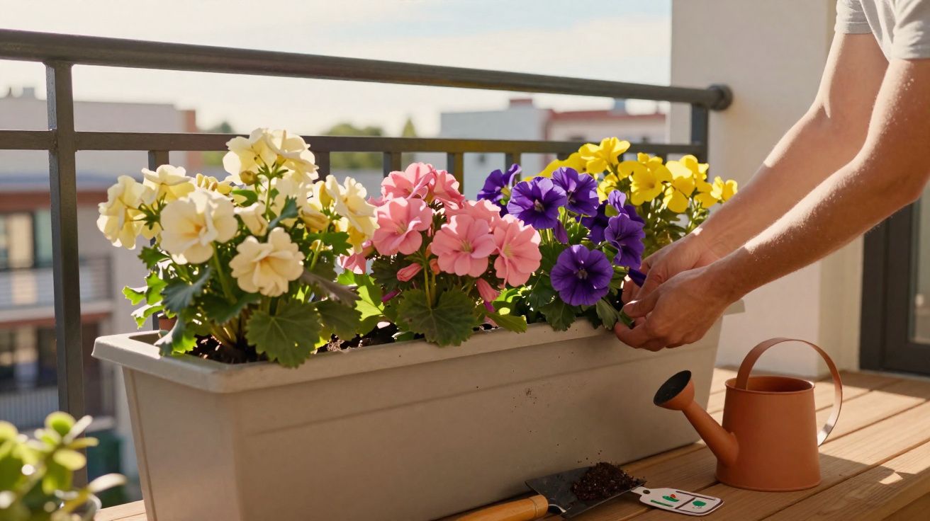 Pessoa cuidando de flores coloridas em vaso na varanda com regador e ferramentas ao lado.