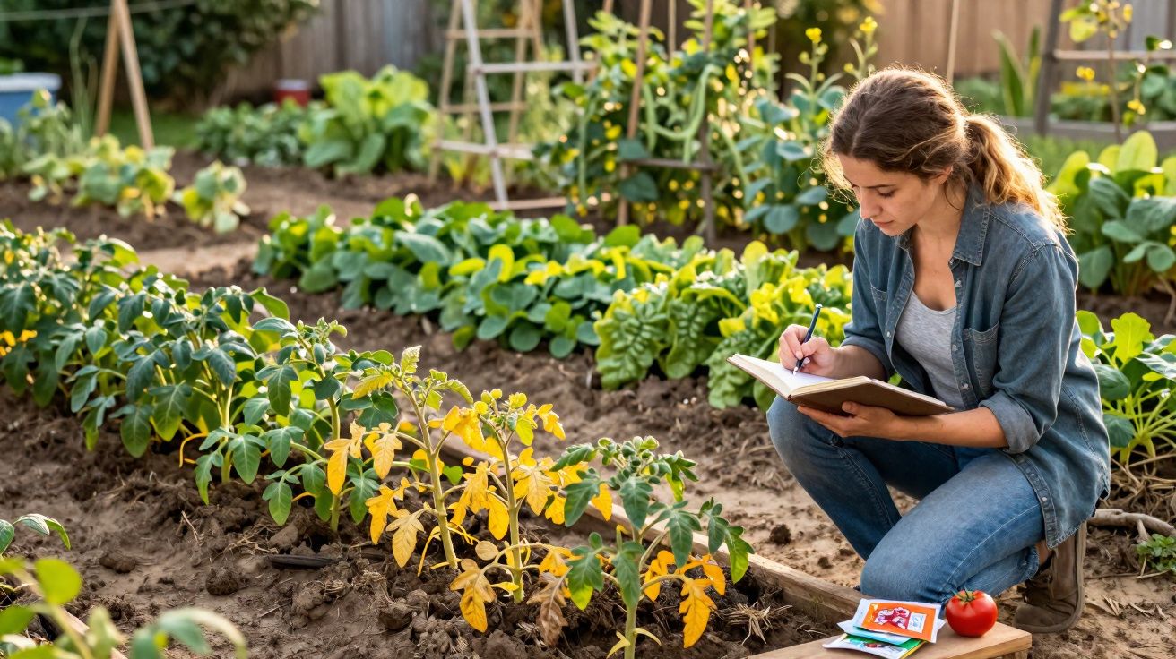 Mulher em horta escrevendo em caderno, cercada por plantas e tomates crescendo na terra.