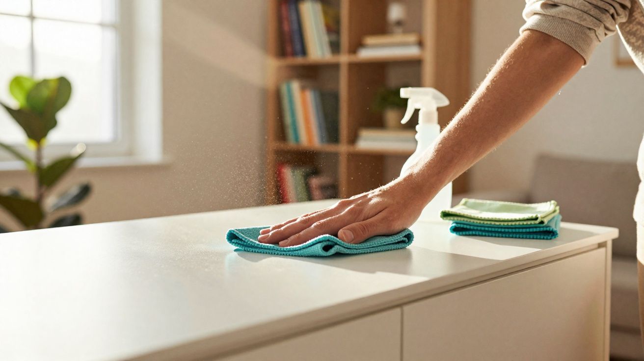 Pessoa limpando superfície branca de móvel com pano azul em ambiente iluminado e organizado.