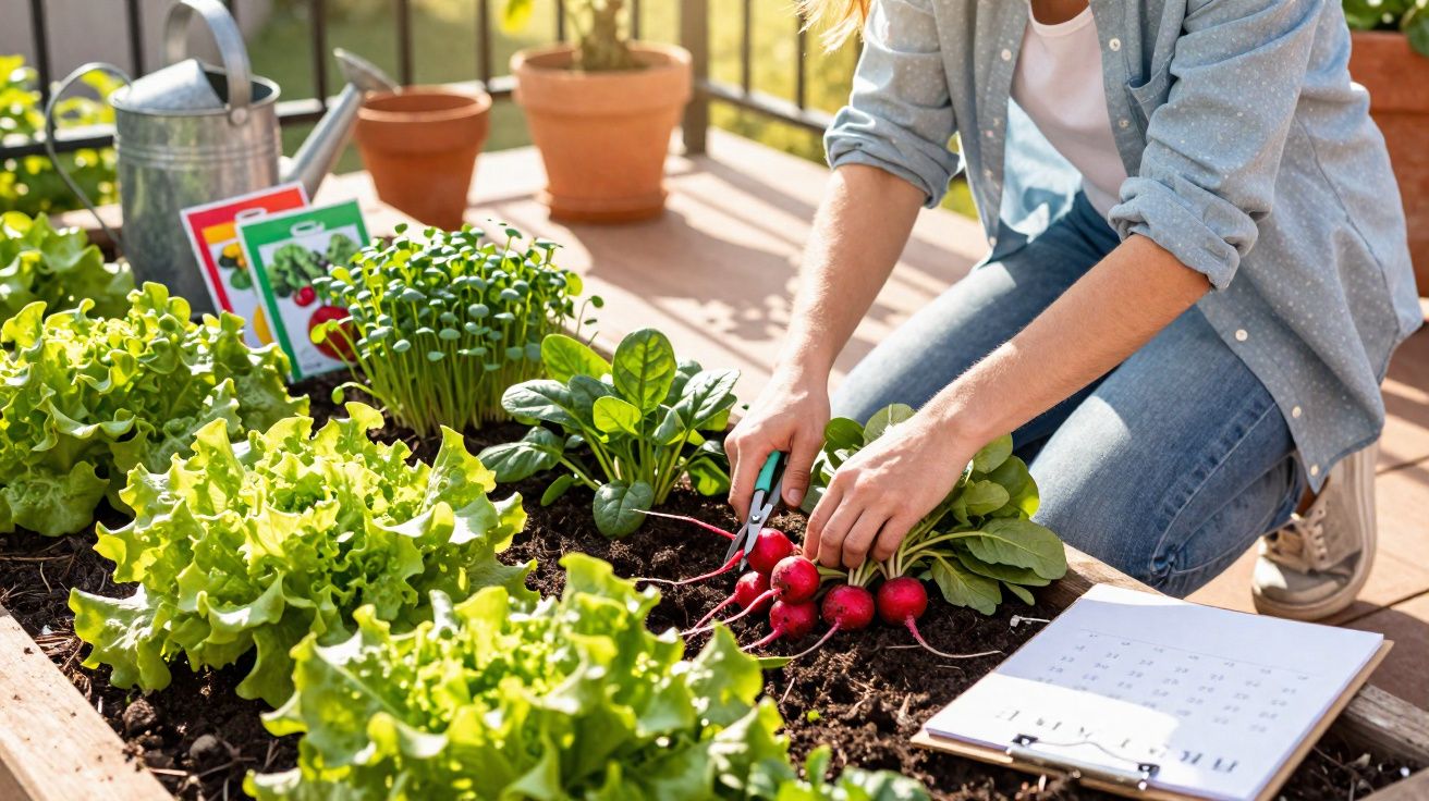 Pessoa colhendo rabanetes em canteiro com hortaliças e regador em varanda ensolarada.