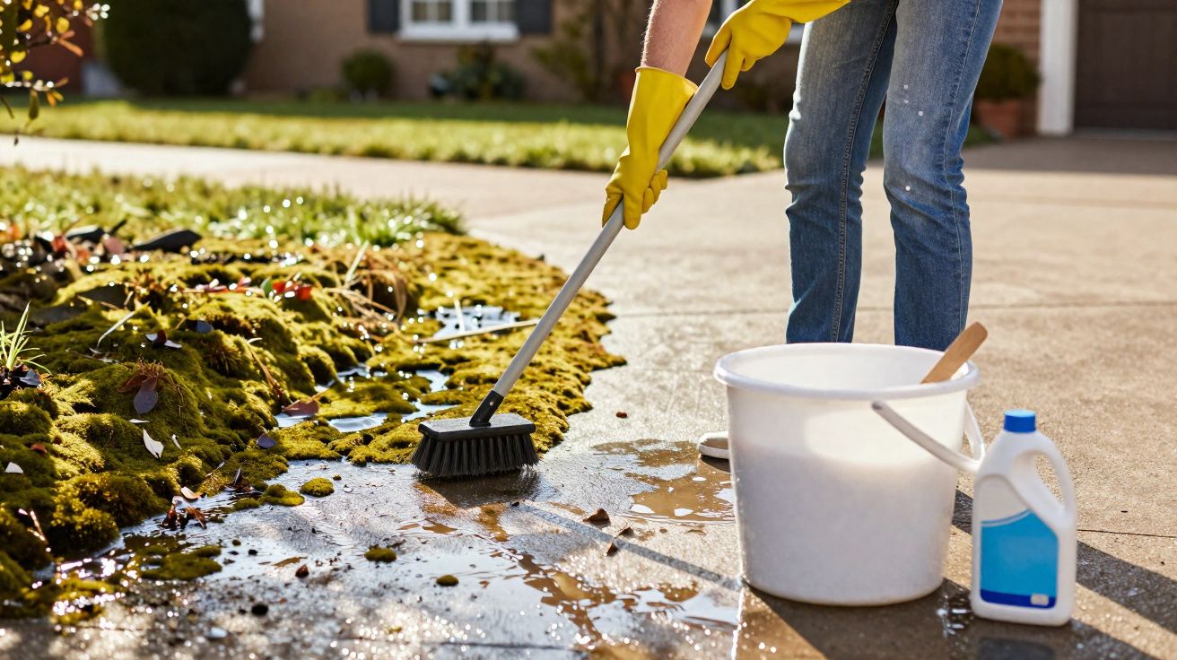 Pessoa usando luvas amarelas limpando área externa molhada com escova e balde branco ao lado.