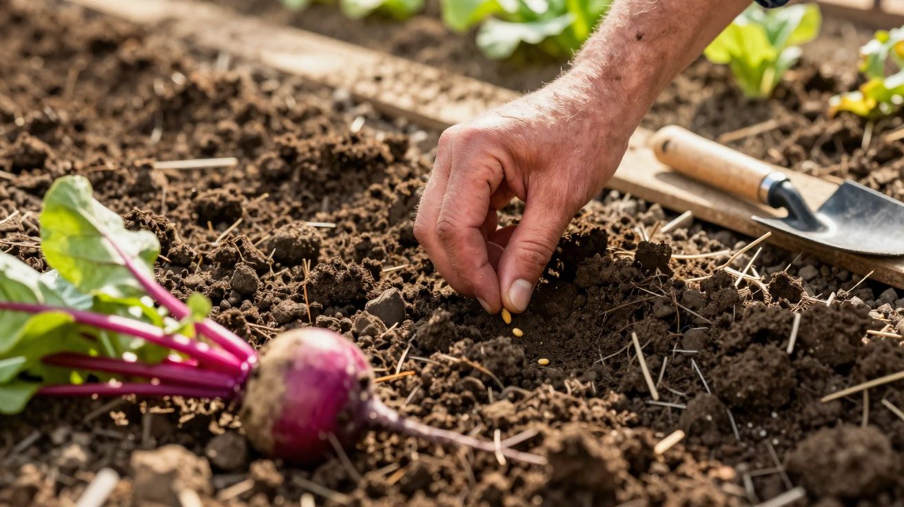 Mão plantando sementes na terra de horta com enxada e beterraba recém-colhida ao lado.