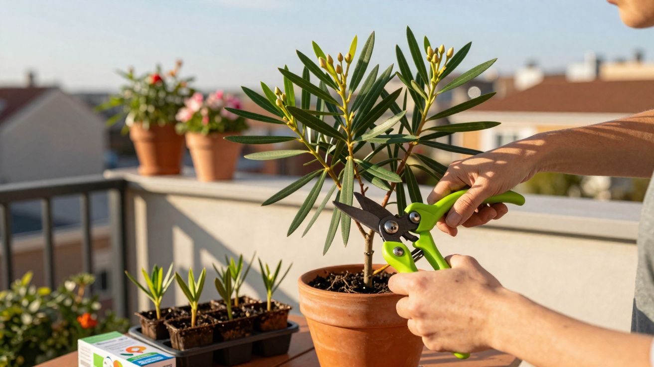 Pessoa podando planta em vaso de barro em varanda ensolarada com outras plantas ao fundo