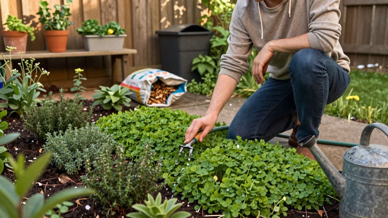 Pessoa cuidando de plantas em jardim com regador e ferramentas de jardinagem.
