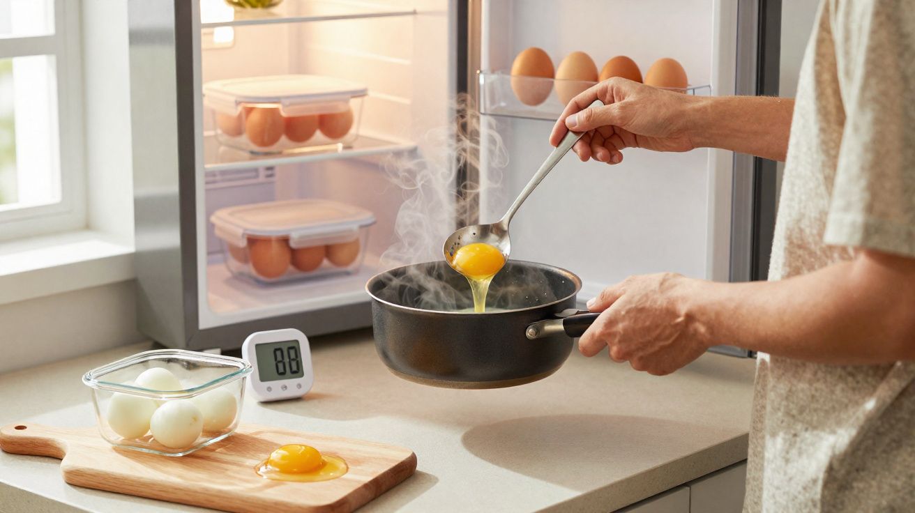 Pessoa cozinhando ovos pochê em panela com ovos frescos e geladeira ao fundo na cozinha.