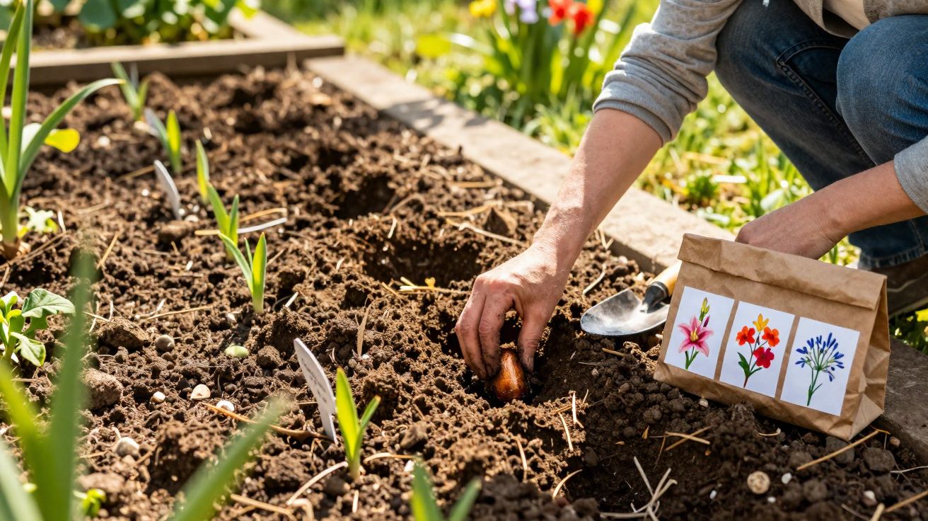 Pessoa plantando bulbo de flor em canteiro de terra com saco de sementes ao lado.