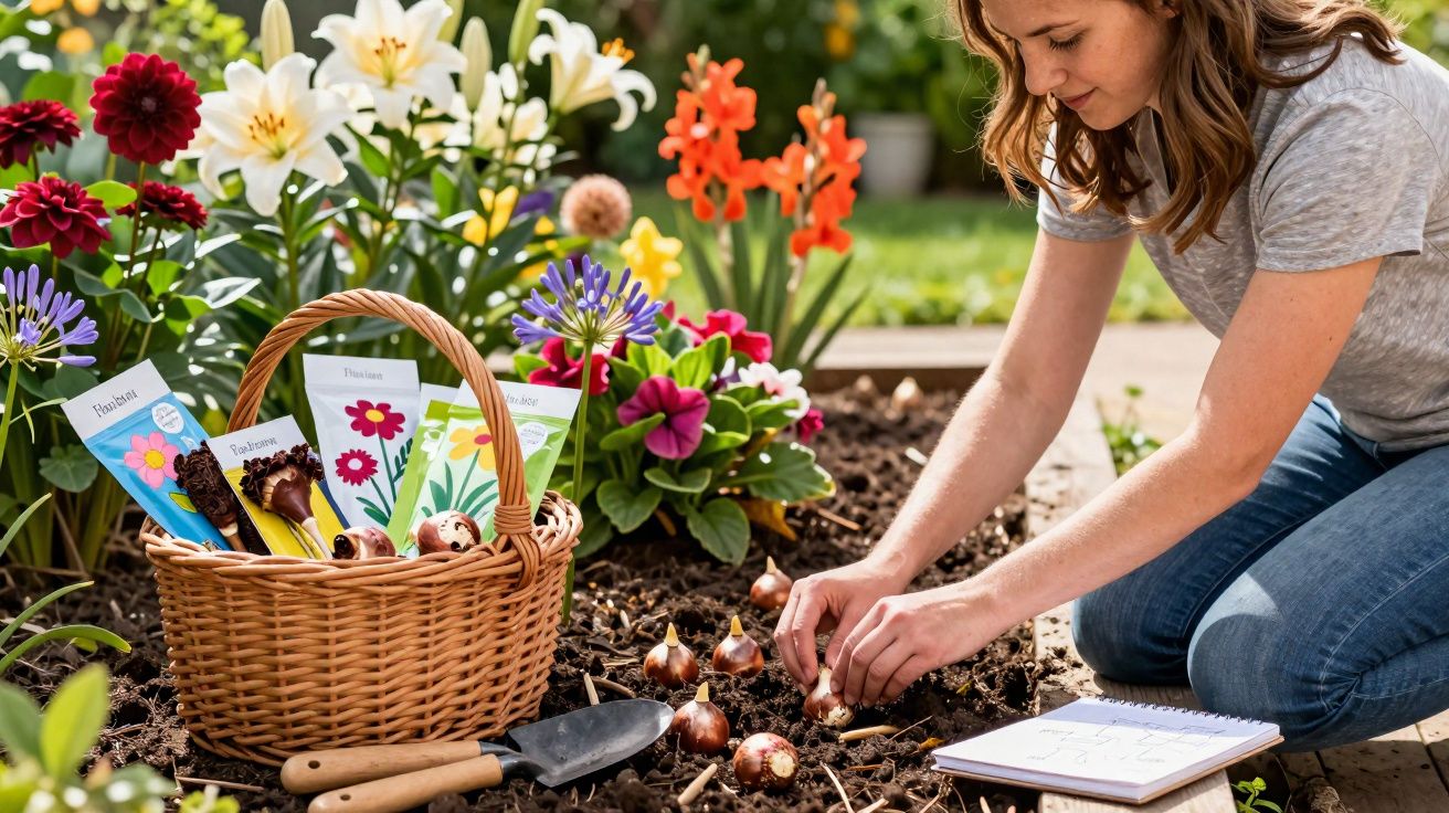 Mulher plantando bulbos de flores em canteiro com cesta de sementes e ferramentas ao lado.