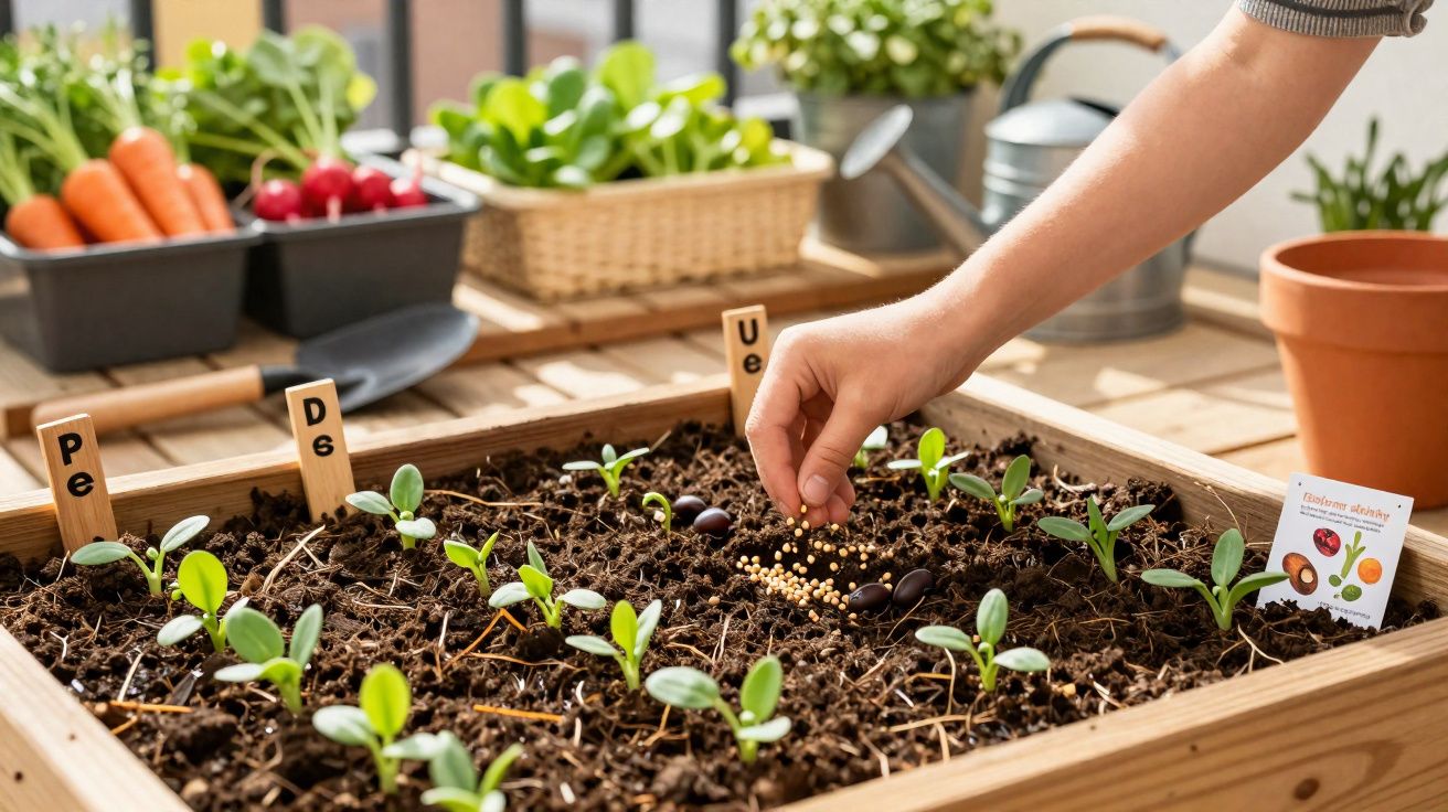Mão semeando sementes em jardineira com mudas verdes, vegetais e regador ao fundo.