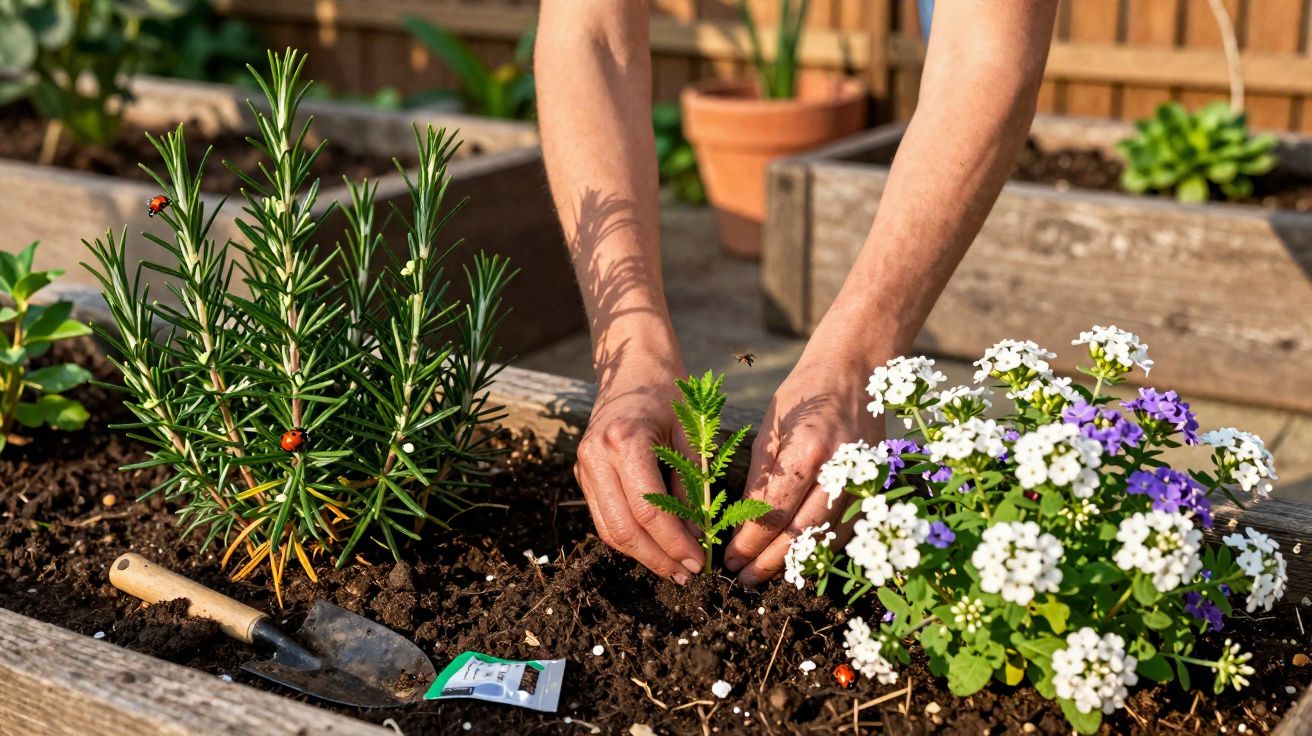 Mãos plantando muda entre flores brancas e roxas em canteiro de madeira no jardim ensolarado.