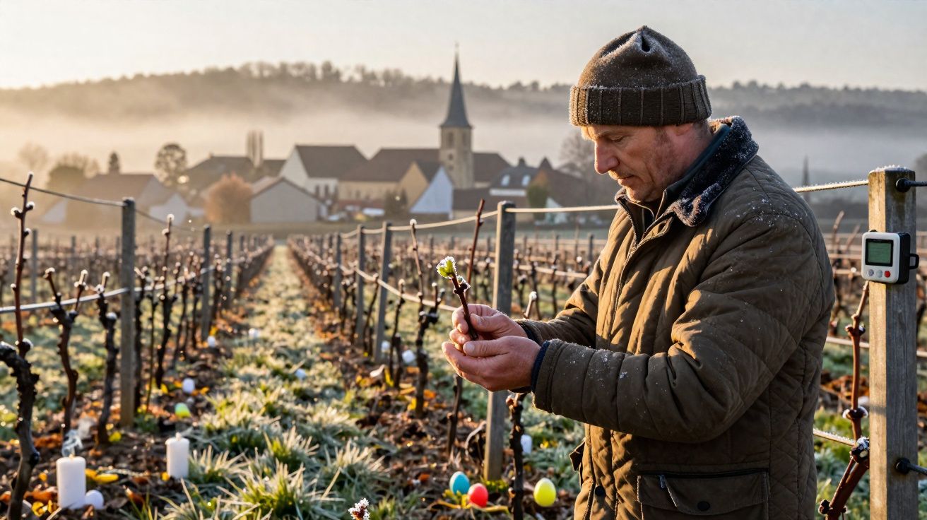 Homem inspecionando broto de videira em vinhedo ao amanhecer com vila ao fundo.