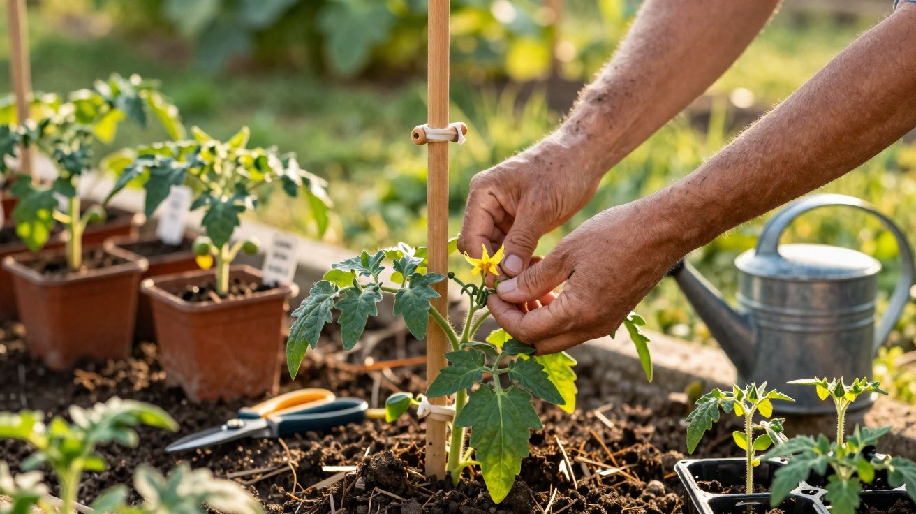 Mãos cuidando de planta de tomate em vaso, com regador e tesoura de jardinagem ao fundo.