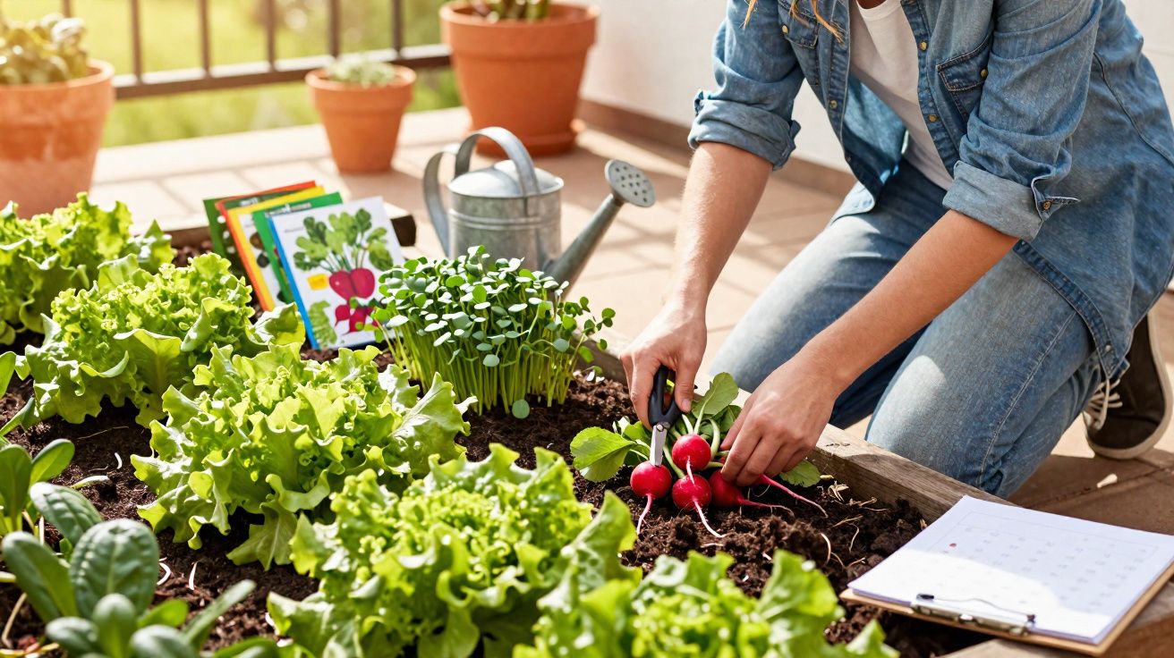 Pessoa colhendo rabanetes em horta caseira com alface, regador e caderno ao redor.