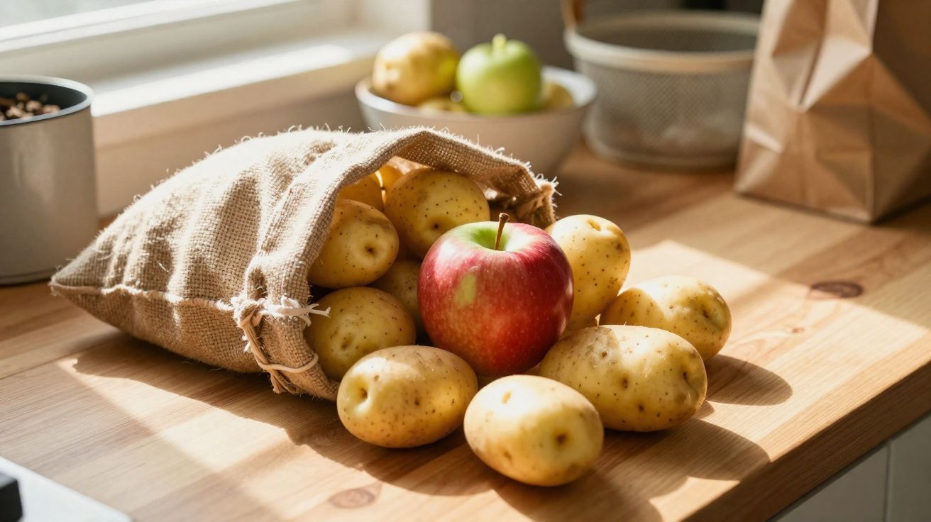 Saco de juta aberto com batatas e uma maçã vermelha sobre bancada de madeira iluminada pela luz natural.
