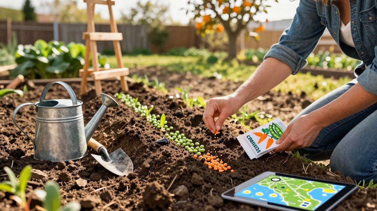 Pessoa plantando sementes de cenoura em horta, com regador, pá e tablet com mapa aberto ao lado.