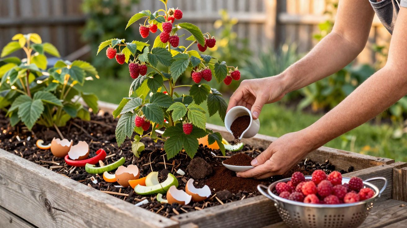 Pessoa adicionando pó de café ao solo em um canteiro com planta de framboesa e cascas de ovos.