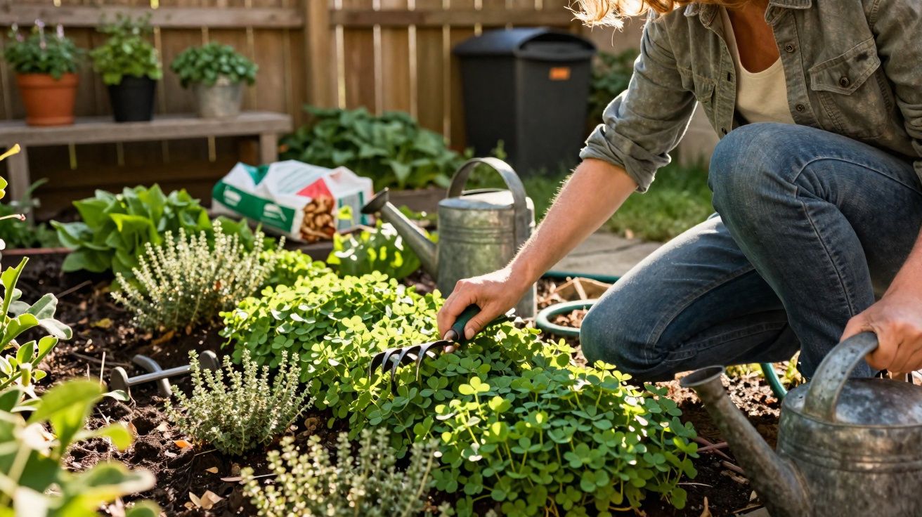 Pessoa cuidando de plantas em horta caseira com regador e ancinho no jardim ensolarado.