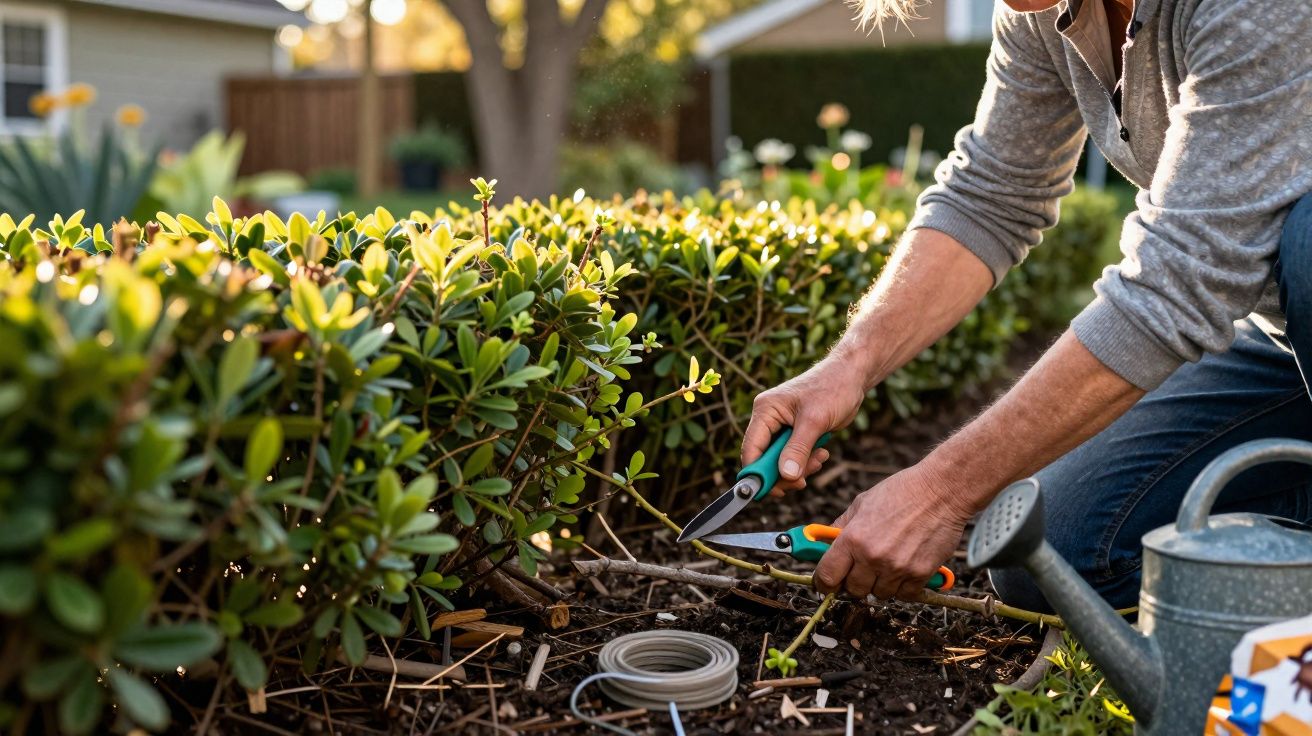 Pessoa podando arbustos com tesoura de jardinagem em jardim ensolarado, com regador ao lado.