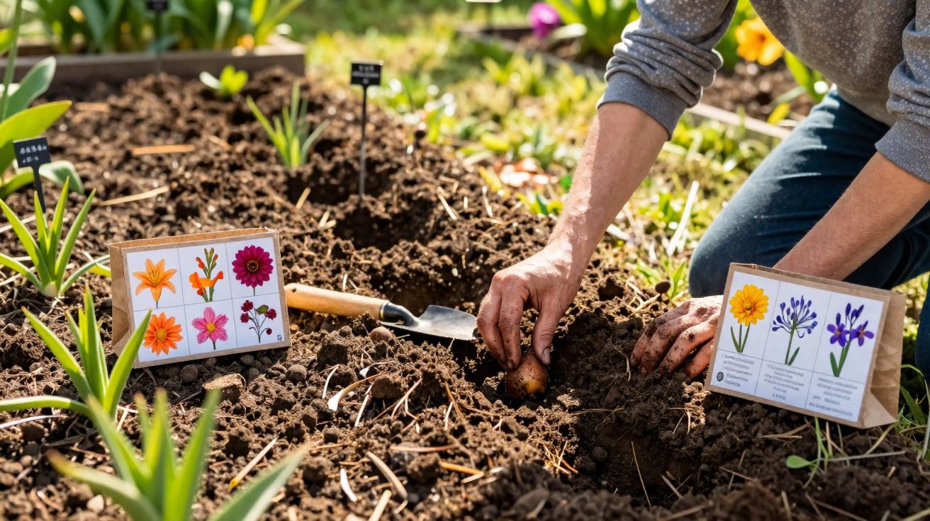 Pessoa plantando batata em garden bed com etiquetas ilustradas de flores e pá no solo.