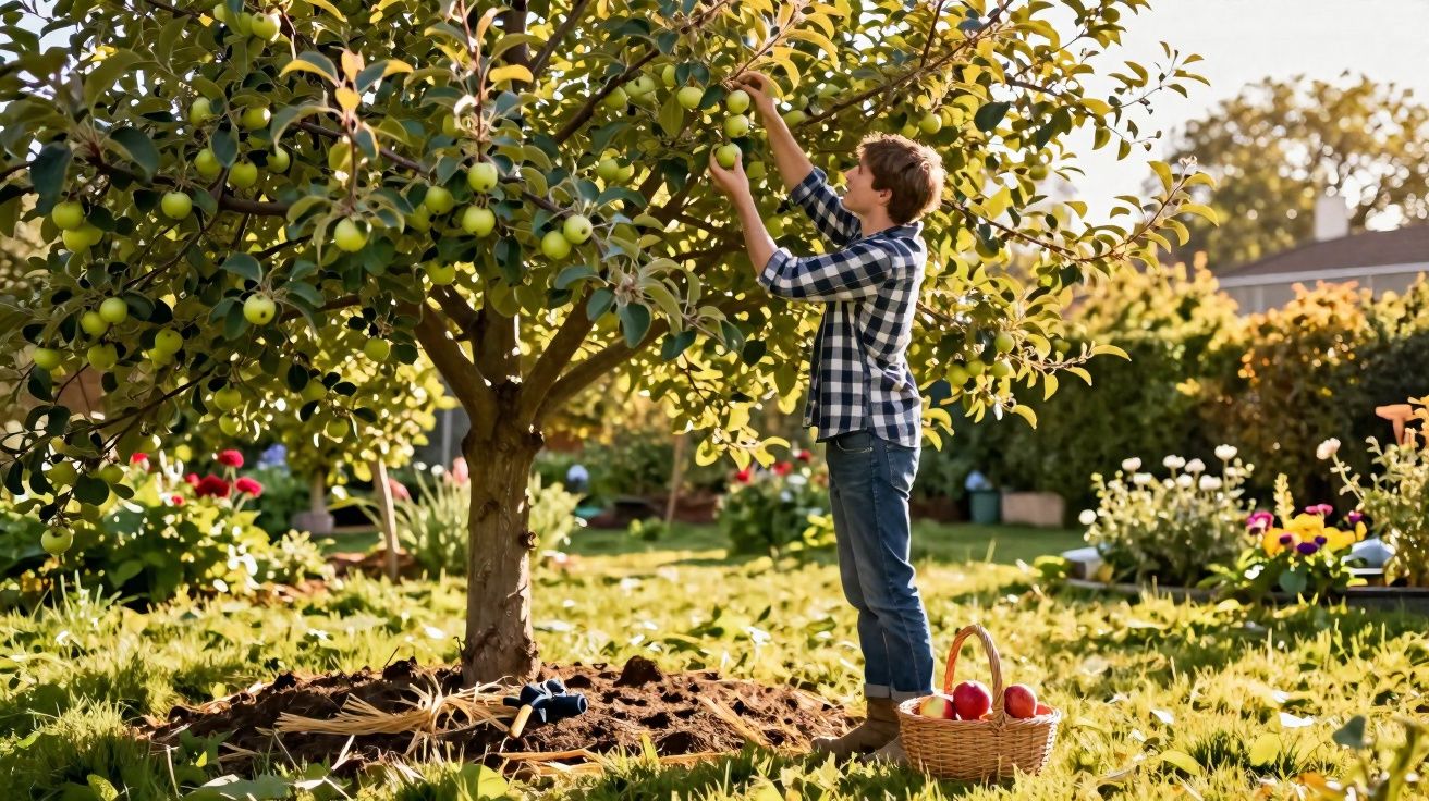 Garoto colhendo maçãs em árvore no jardim, com cesta de frutas ao lado sobre a grama.