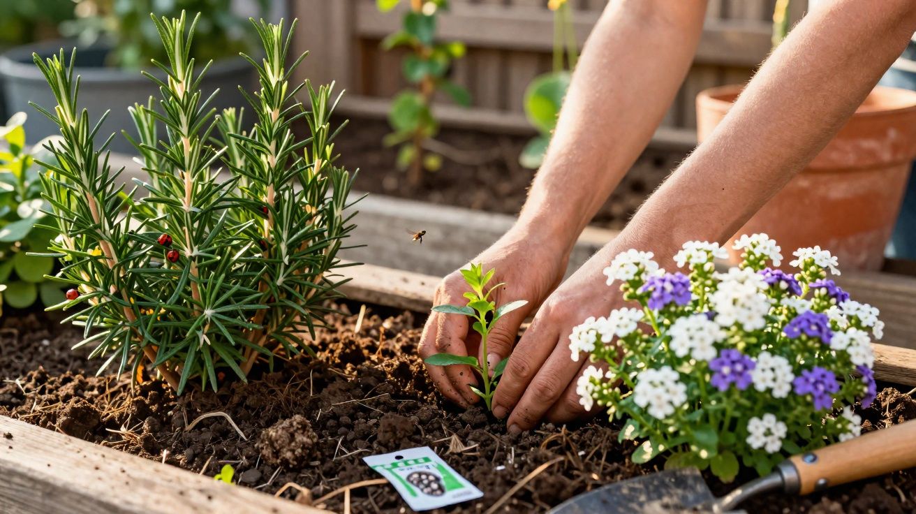 Pessoa plantando muda em horta caseira com arbusto e flores brancas e roxas em canteiro de madeira.