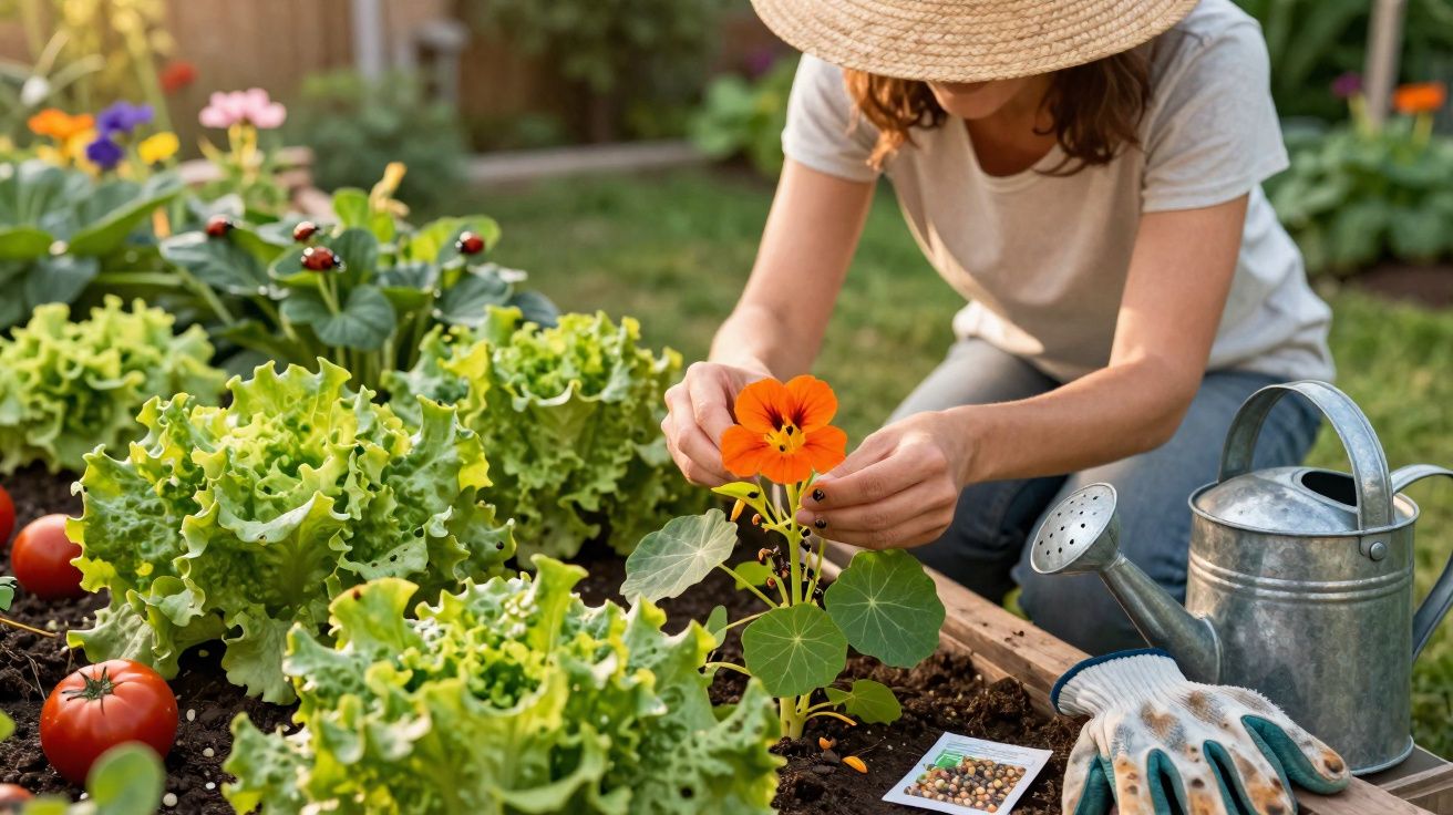 Mulher cuidando de flor em horta com alface, tomates, regador e luvas em jardim ensolarado.