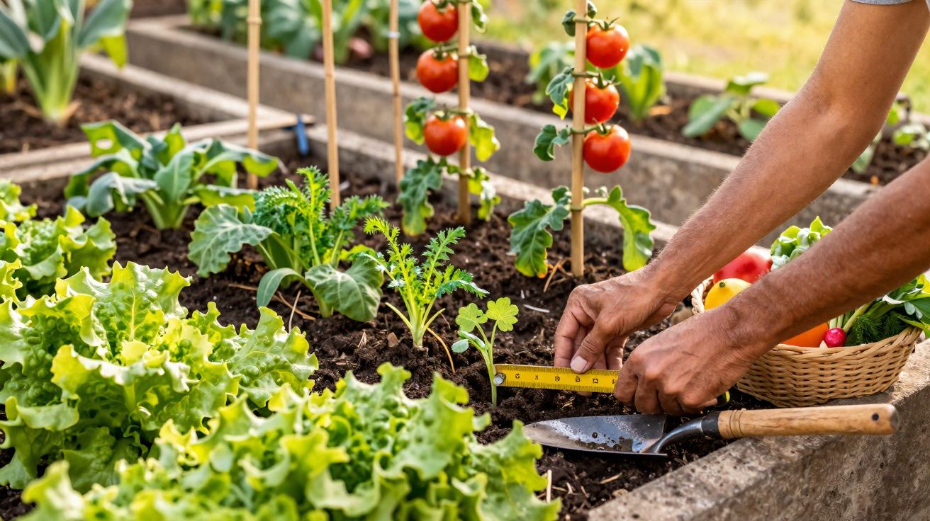 Pessoa medindo espaço entre plantas em canteiro com alfaces, tomates e ferramentas de jardinagem.