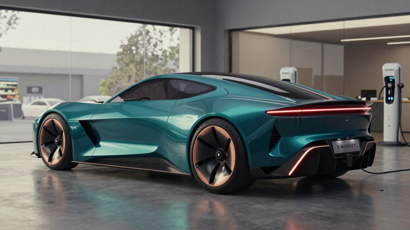 Carro esportivo elétrico azul futurista carregando em estação dentro de garagem moderna.