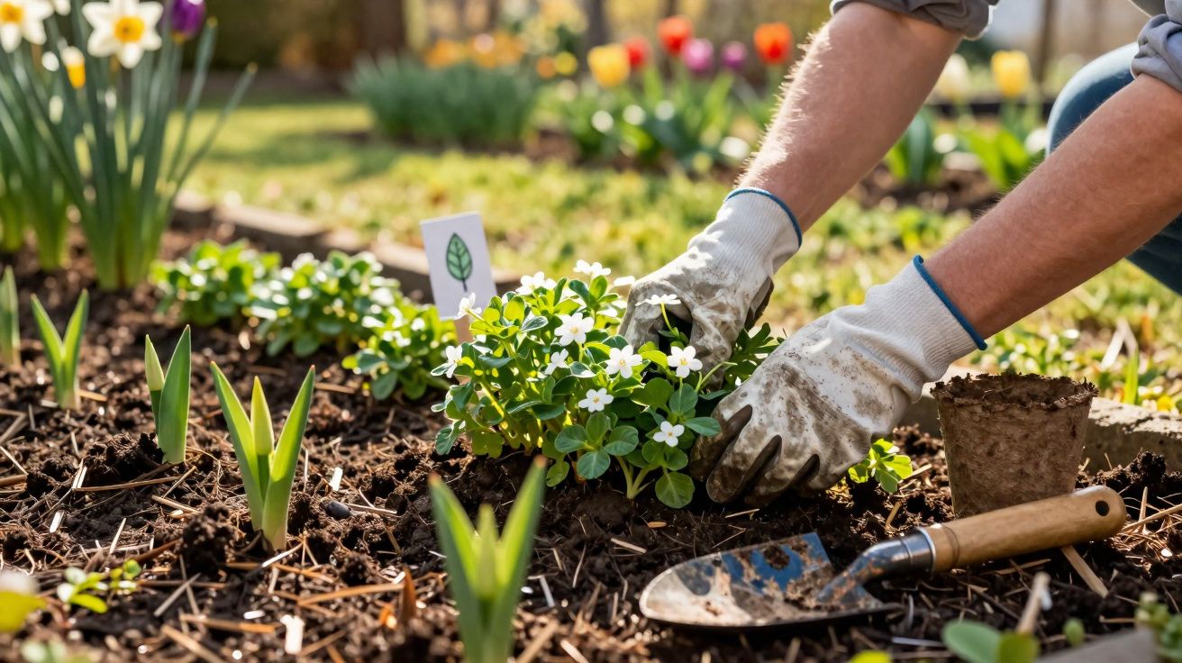 Pessoa usando luvas plantando flores brancas em canteiro de jardim ao ar livre.