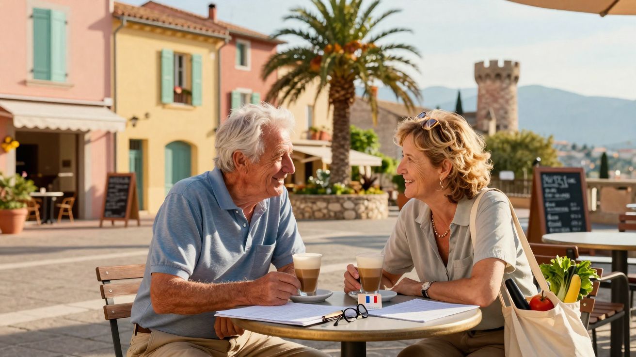 Casal idoso sorrindo e tomando café em mesa de café ao ar livre com prédios coloridos ao fundo.