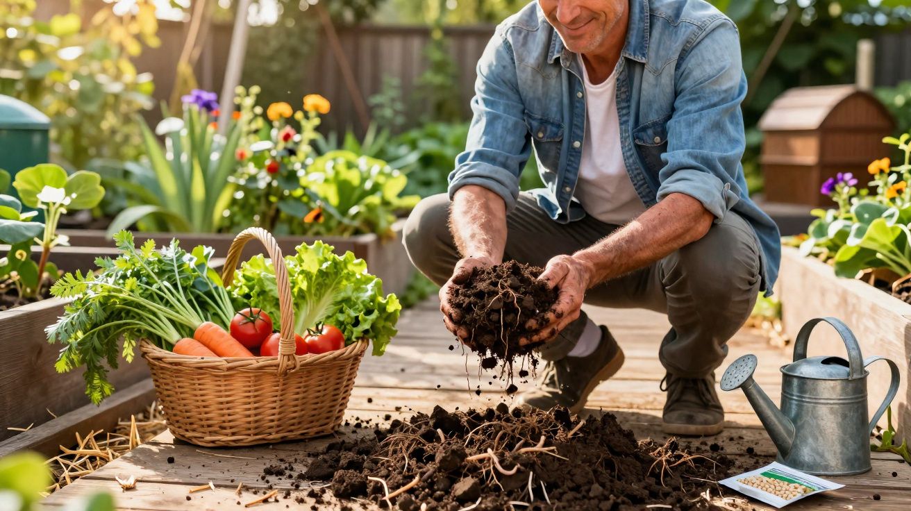 Homem agachado no jardim segurando terra com plantas ao redor e cesta com legumes frescos ao lado.