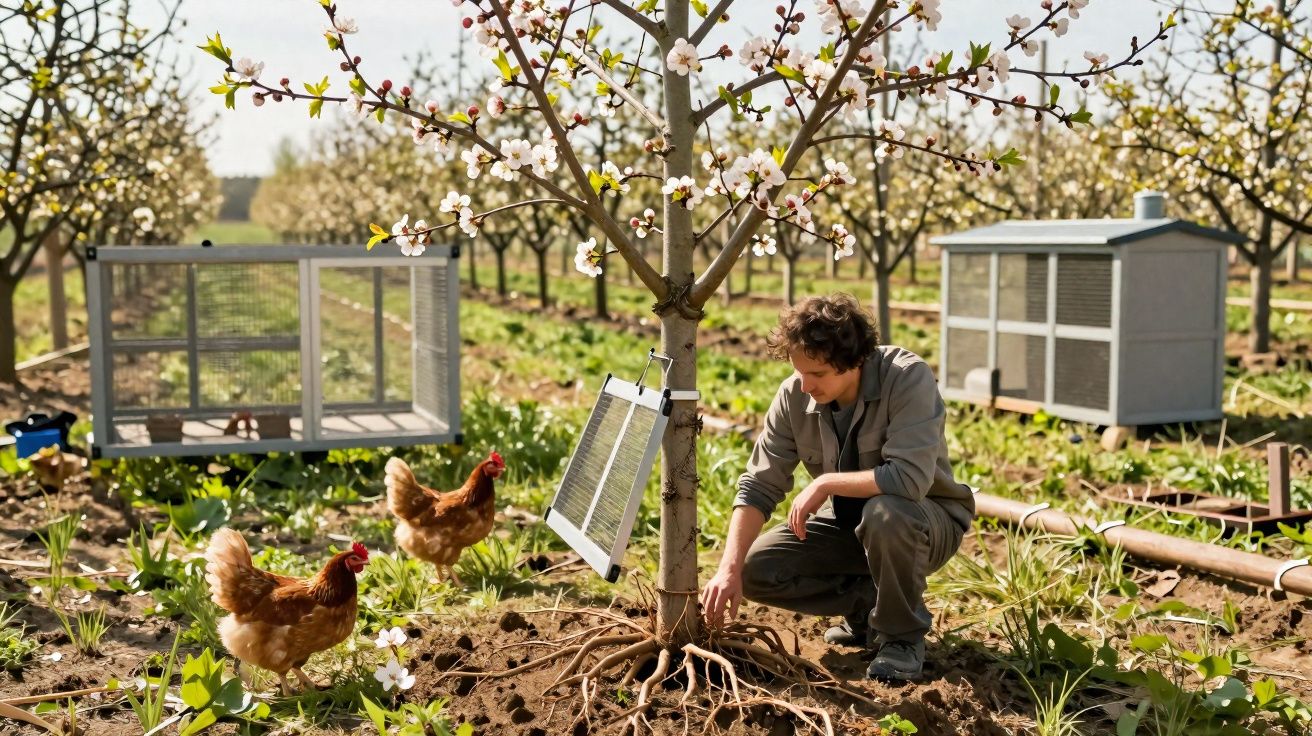 Pessoa agachada cuidando da raiz de árvore em pomar com galinhas e equipamentos ao redor.