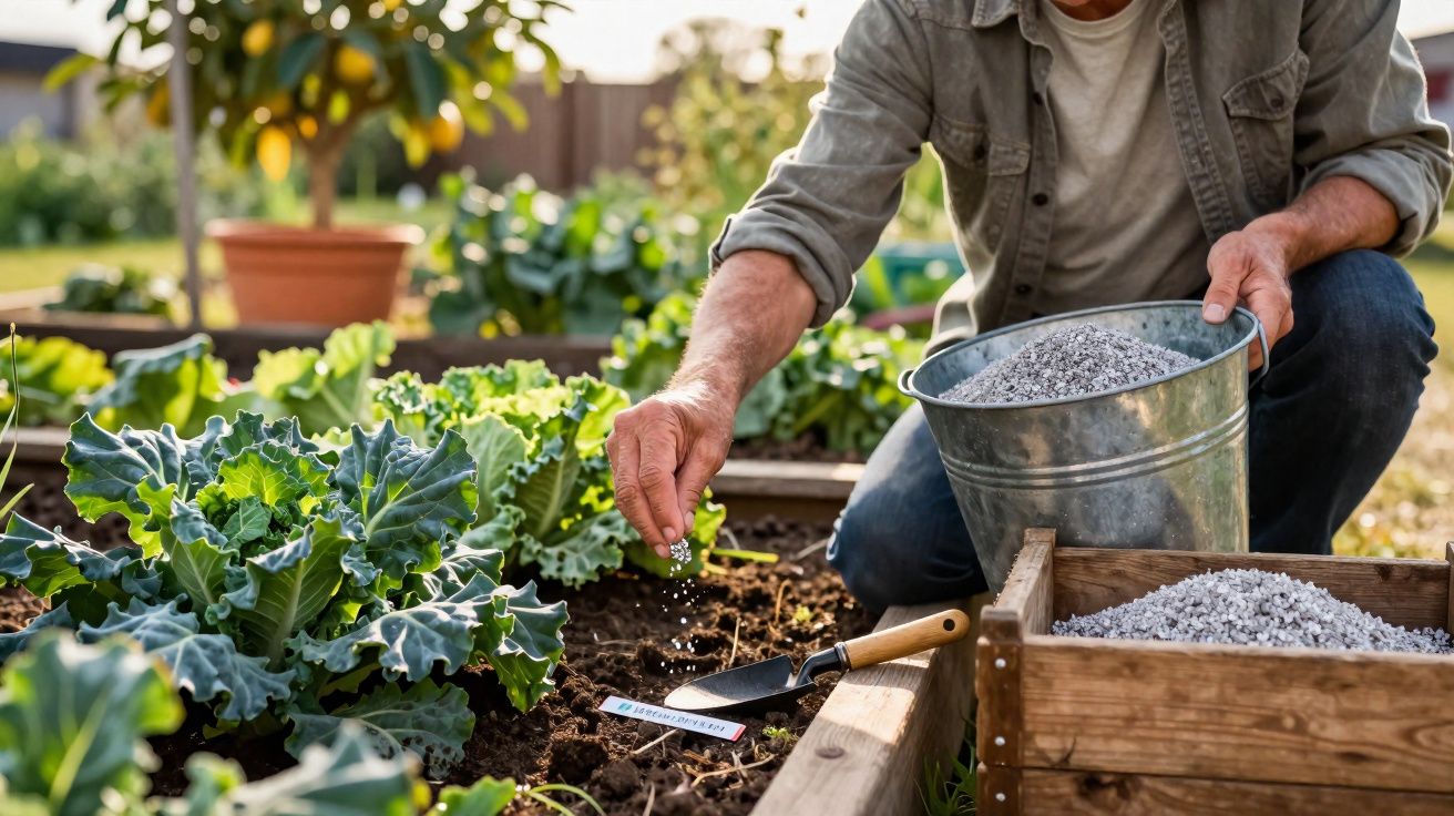 Pessoa aplicando fertilizante em plantações de couve em canteiro elevado de jardim.