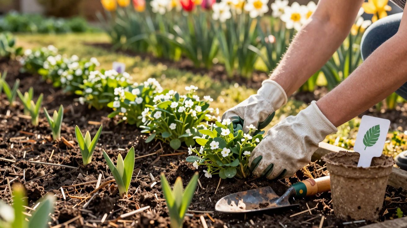 Pessoa com luvas plantando flores brancas em jardim com terra, pá de jardinagem e vaso biodegradável.