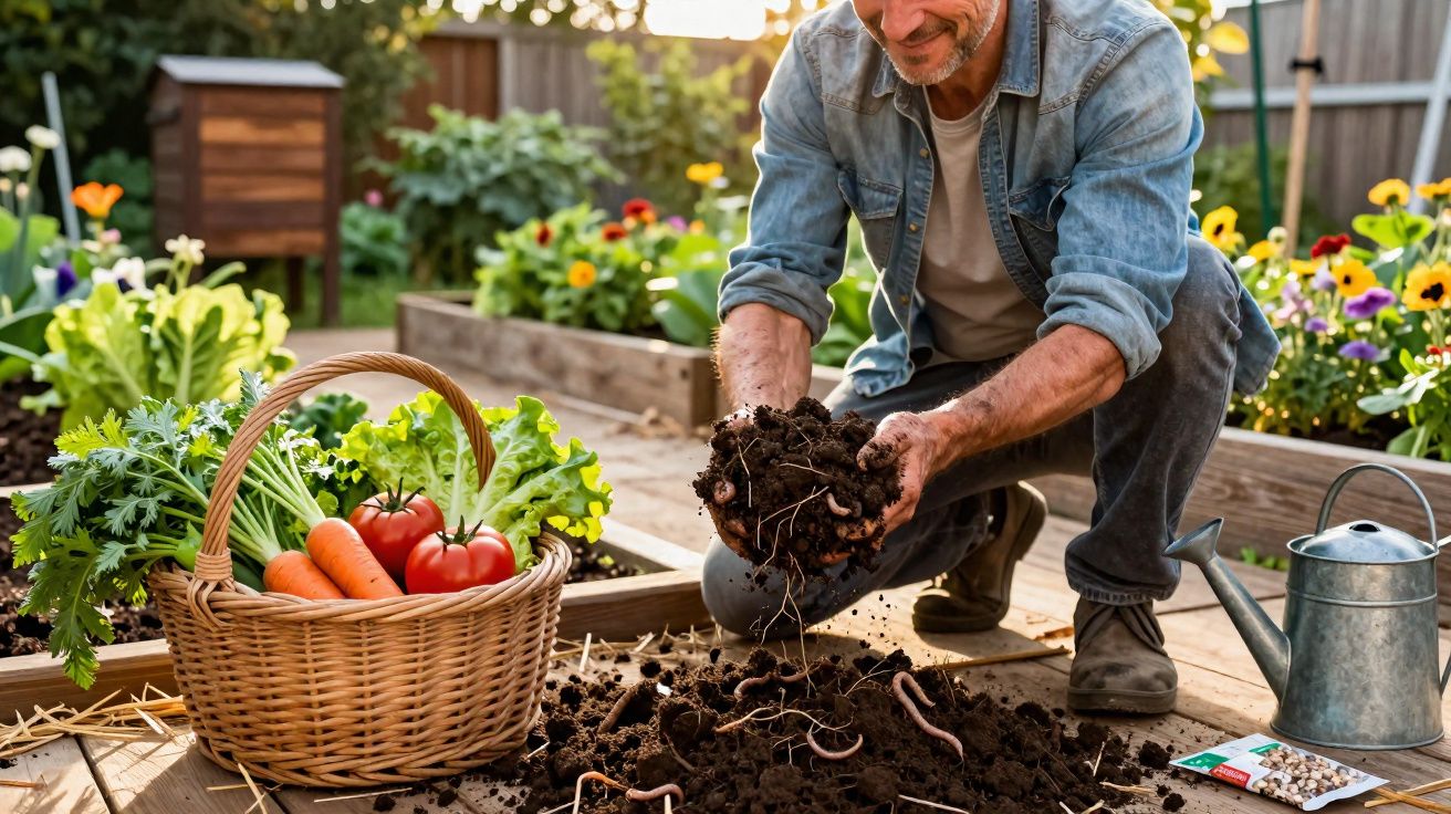 Homem agachado mexendo terra com minhocas em jardim, cesta com legumes frescos ao lado.