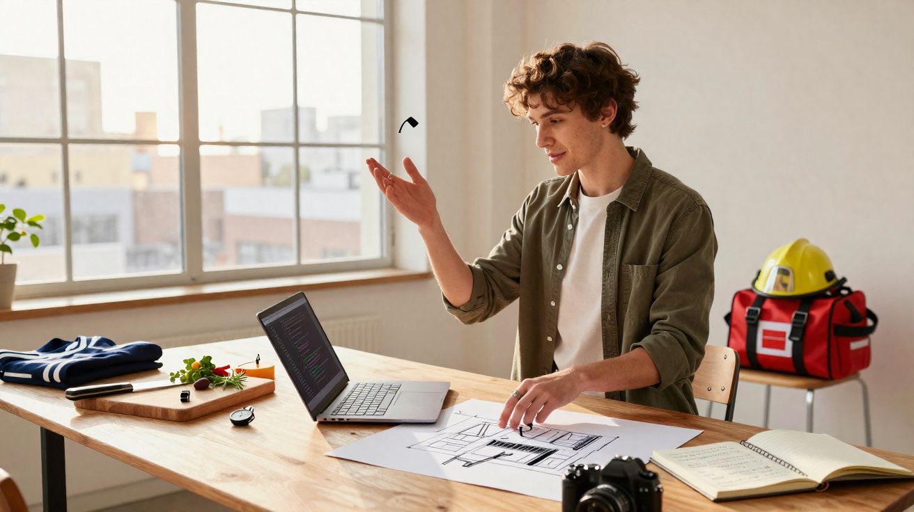 Jovem com roupas casuais joga chave de fenda em escritório com laptop, plantas e capacete de segurança.